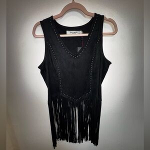 NWT - Black fringe suede tank top